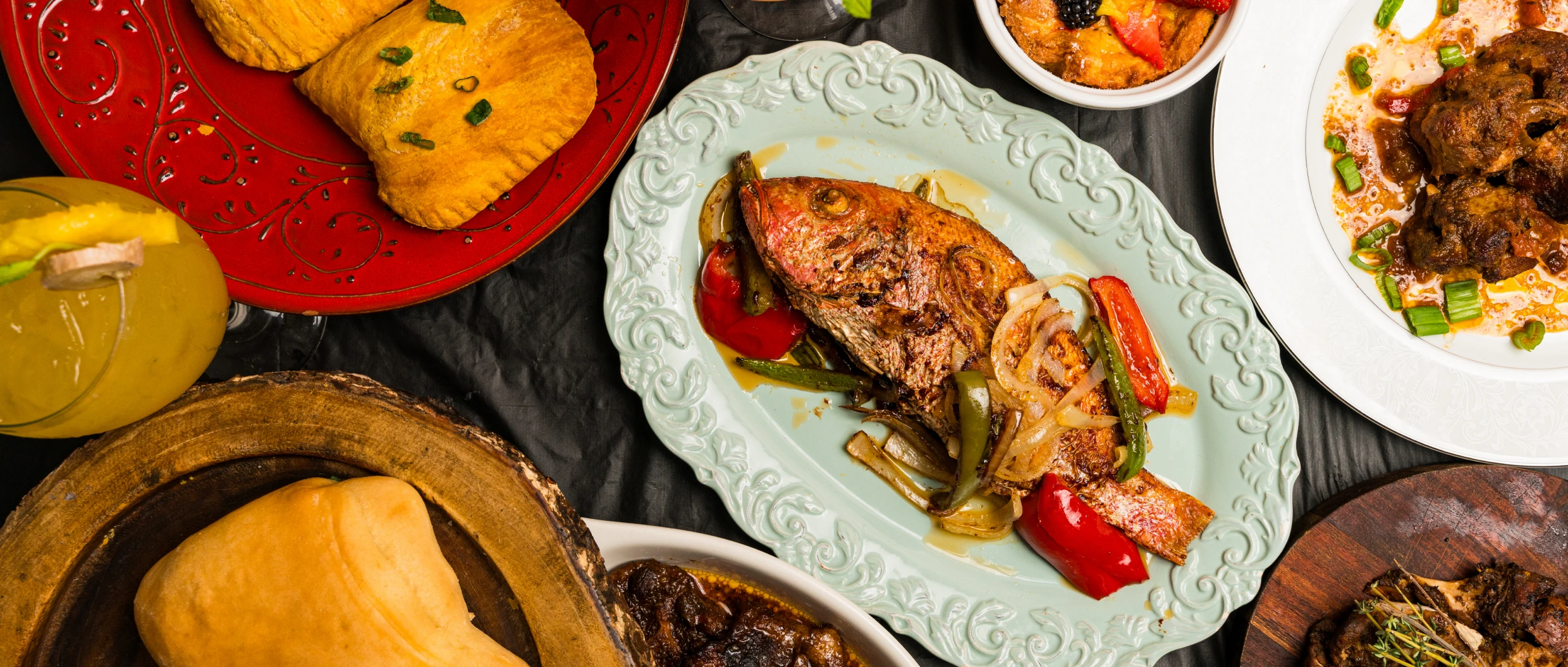 Caribbean cuisine assortment on a table setting